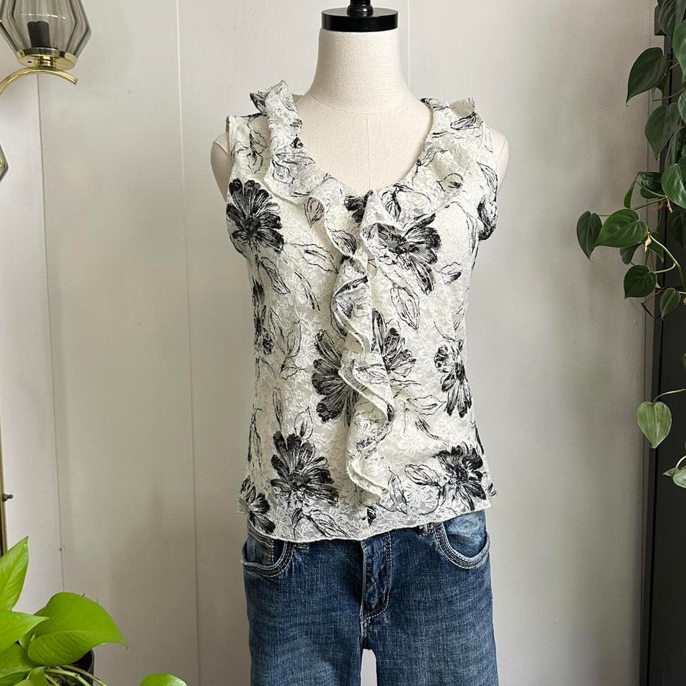 Jaiper Women White Black Floral Ruffle Front Neck Tank Top Sheer Layer Medium